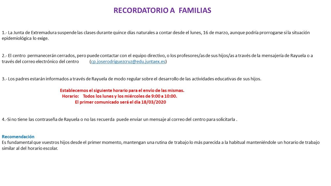 Recordatorio a familias coronavirus